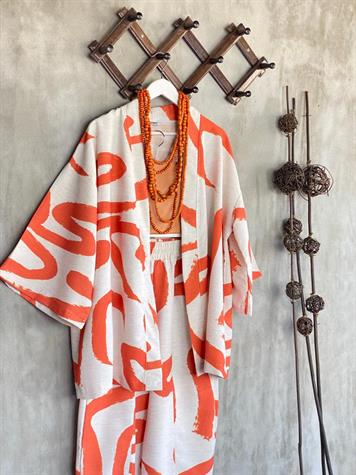 Desenli Taş Rengi Şalvar Pantolon Kimono Takım (Oranj)