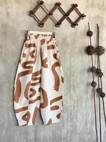Desenli Taş Rengi Şalvar Pantolon Kimono Takım (Kahve)