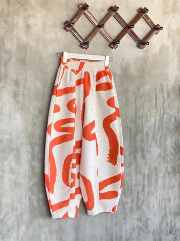 Desenli Taş Rengi Şalvar Pantolon Kimono Takım (Oranj)
