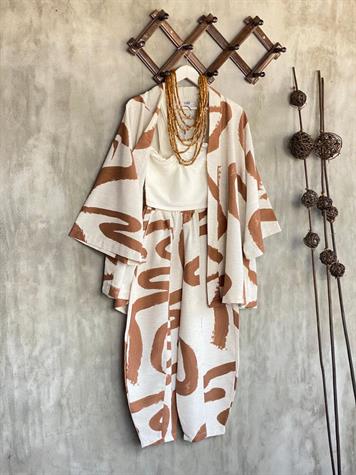 Desenli Taş Rengi Şalvar Pantolon Kimono Takım (Kahve)