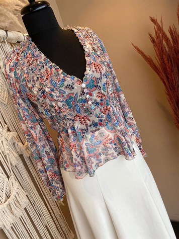 Desenli V Yaka Peplum Bluz