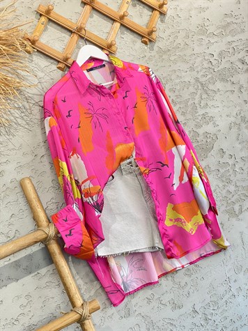Dijital Yaz Baskılı Desenli Oversıze Saten Gömlek (Fuşya)