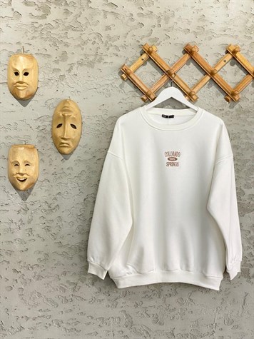 Bisiklet Yaka Beyaz Sweatshirt