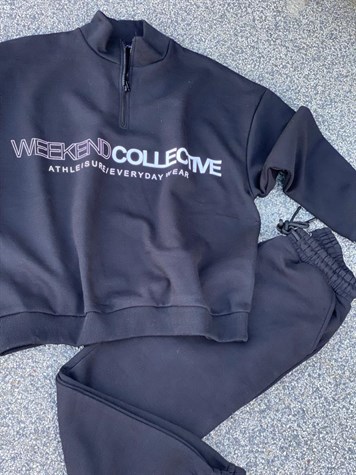 Dik Yaka Fermuarlı Siyah Sweatshirt