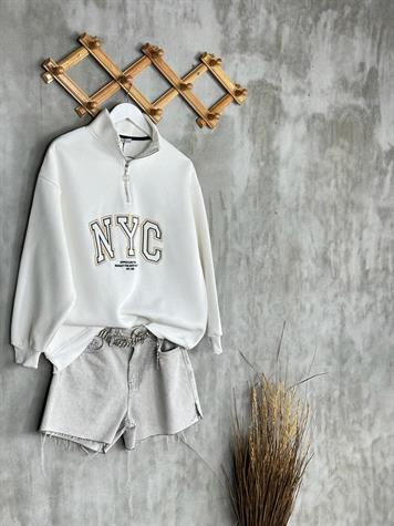 Dikiş Baskılı Oversize Kadın Sweat (Ekru)
