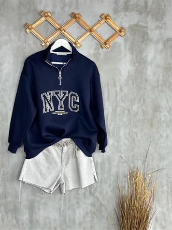 Dikiş Baskılı Oversize Kadın Sweat (Lacivert)
