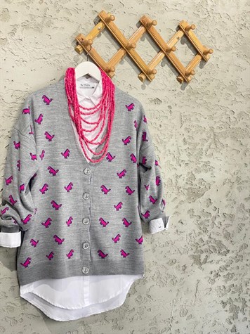 Dinazor Desenli Oversize Hırka (Gri)