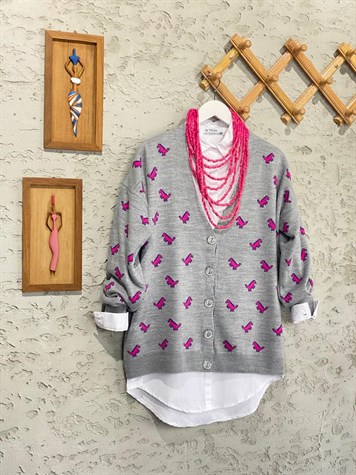 Dinazor Desenli Oversize Hırka (Gri)