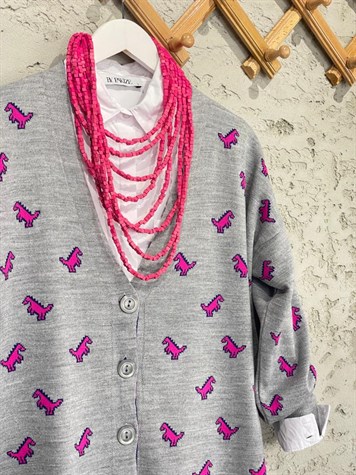 Dinazor Desenli Oversize Hırka (Gri)
