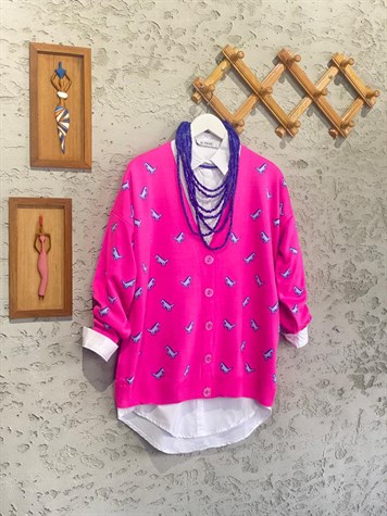 Dinazor Desenli Oversize Hırka (Pembe)