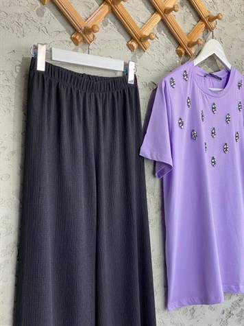 Dokuma Kabartmalı Beli Lastikli Pantolon (Siyah)