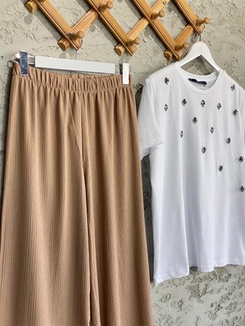 Dokuma Kabartmalı Beli Lastikli Pantolon (Camel)