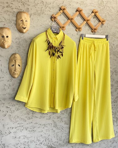 Dokuma Kabartmalı Narin Gömlek Ve Pantolon Takım (Limon Sarı)