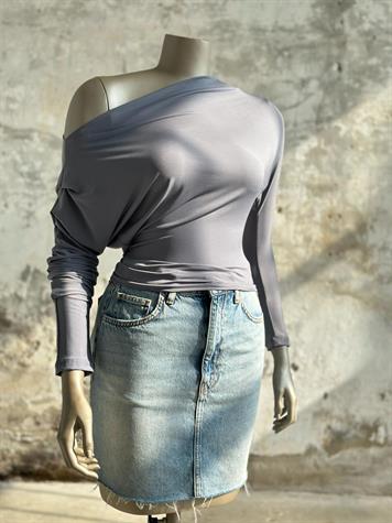 Drapeli Düşük Omuz Sandy Bluz (Gri)