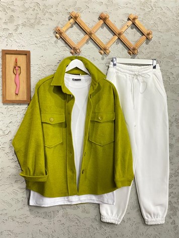 Düğmeli Oversize Kaşe Ceket (Yağ Yeşili)