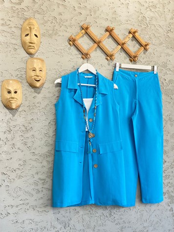 Düğmeli Tasarım Yelek Pantolon Kadın Takım Mavi