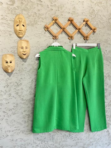 Düğmeli Tasarım Yelek Pantolon Kadın Takım Yeşil