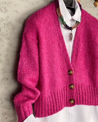 Düğmeli Triko Hırka (Kiraz Pembe)