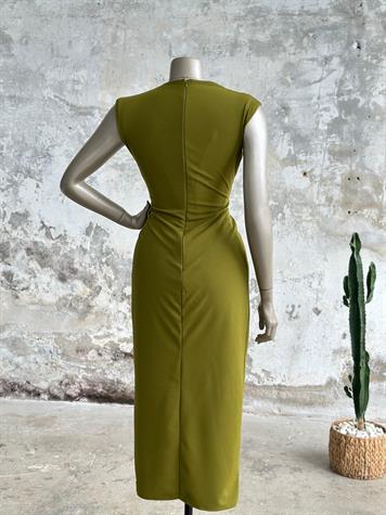 Düğüm Detaylı Kruvaze Yaka Elbise (Yağ Yeşili)