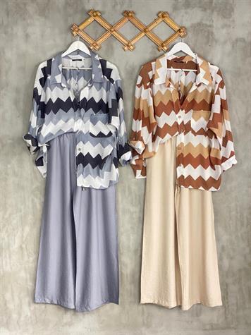 Düşük Omuzlu Desenli Oversize Gömlek (Kahve)