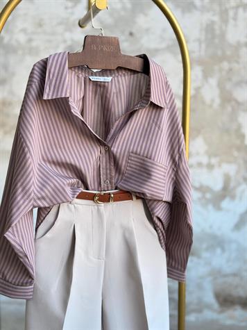 Düşük Omuzlu Oversize Çizgili Gömlek (Mürdüm)