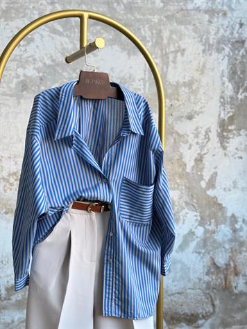 Düşük Omuzlu Oversize Çizgili Gömlek (Mavi)