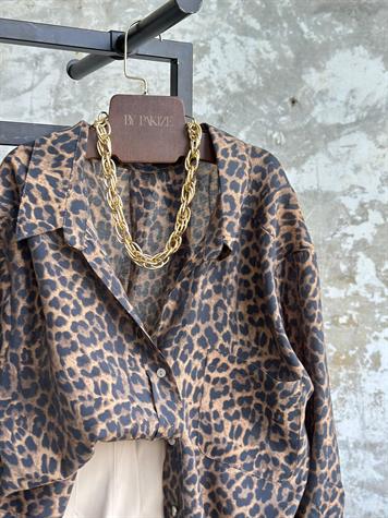 Düşük Omuzlu Oversize Leopar Desenli Gömlek (Kahve)