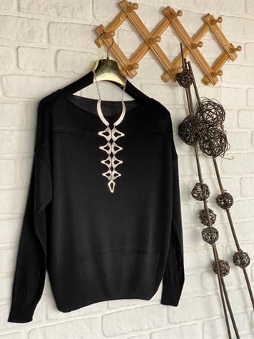 Düz Yaka Triko Kazak (Siyah)