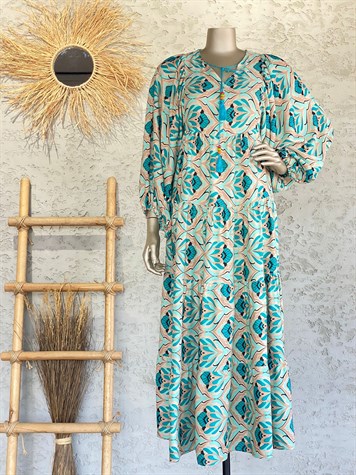 Ebruli Desenli Uzun Elbise (Mavi)