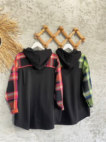 Ekose Desenli Kapşonlu Sweat Ceket (Oranj)