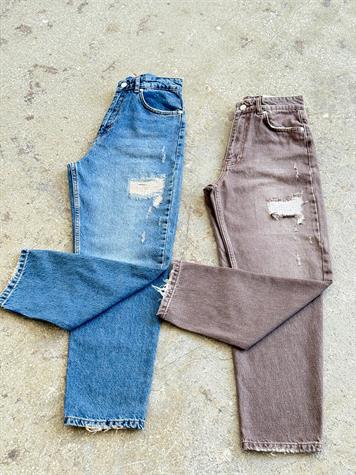 Eskitme Görünümlü Yırtık Detaylı Mom Jean (Kahverengi)