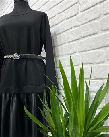Eteği Deri Detaylı Sweat Elbise