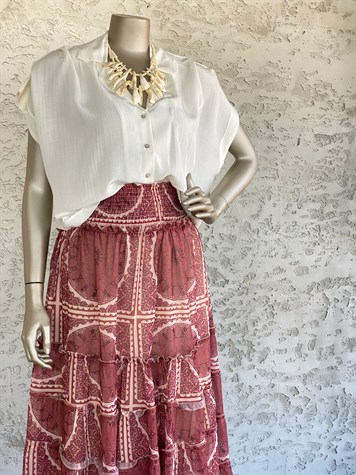 Etnik Desenli Altı Katlı Fırfırlı Şifon Etek