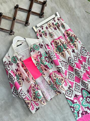 Etnik Desenli Gömlek Takım(Pembe)