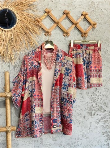 Etnik Desenli Kimono Şort Takım