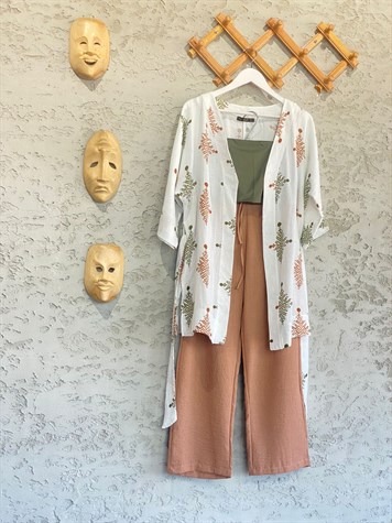 Etnik Desenli Kimono Ve Pantolon Takım (Kiremit)