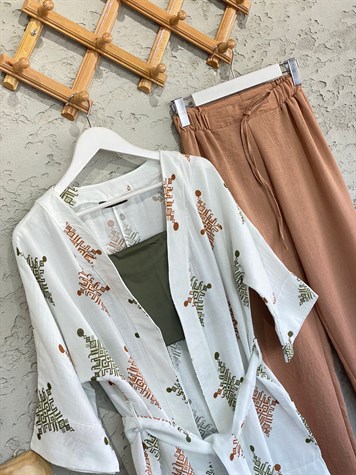 Etnik Desenli Kimono Ve Pantolon Takım (Kiremit)