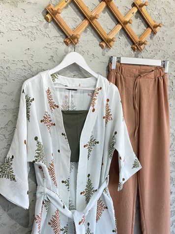Etnik Desenli Kimono Ve Pantolon Takım (Kiremit)