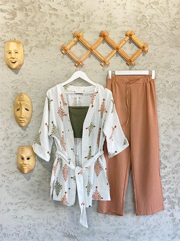 Etnik Desenli Kimono Ve Pantolon Takım (Kiremit)