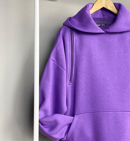 Fermuar Detaylı Kapşonlu Sweatshirt (MOR)