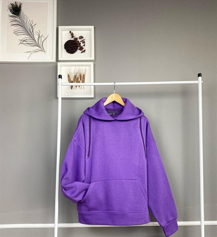 Fermuar Detaylı Kapşonlu Sweatshirt (MOR)