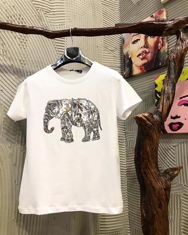 Fil Baskılı Özel Taş Boncuk İşçilikli Tshirt