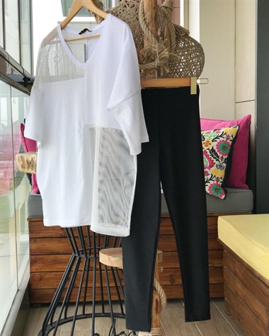 File Detaylı Uzun Salaş Penye Tshirt (BEYAZ)