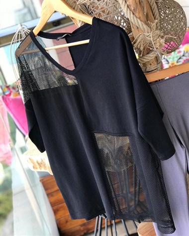 File Detaylı Uzun Salaş Penye Tshirt (SİYAH)