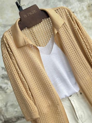 Fileli Oversize Merserize Hırka (Camel)