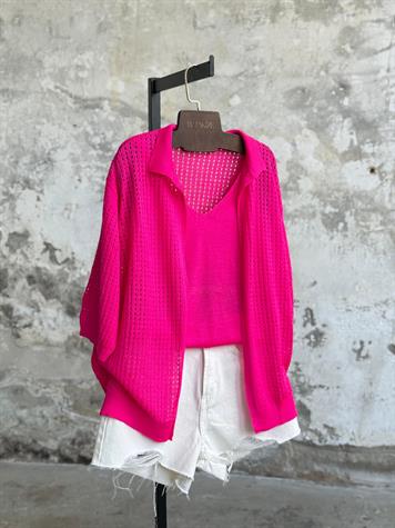 Fileli Oversize Merserize Hırka (Fuşya)
