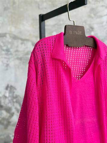 Fileli Oversize Merserize Hırka (Fuşya)