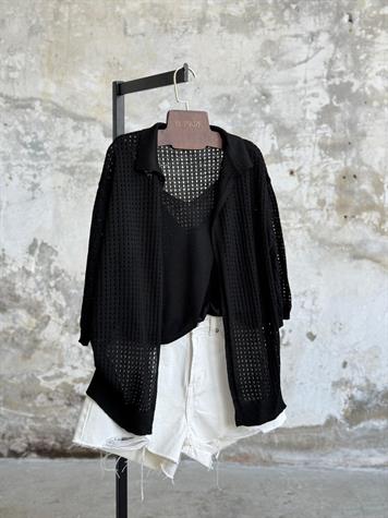 Fileli Oversize Merserize Hırka (Siyah)
