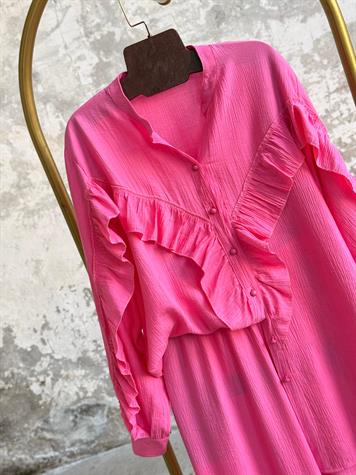 Fırfır Detaylı Gofre Kumaş Takım (Pembe)