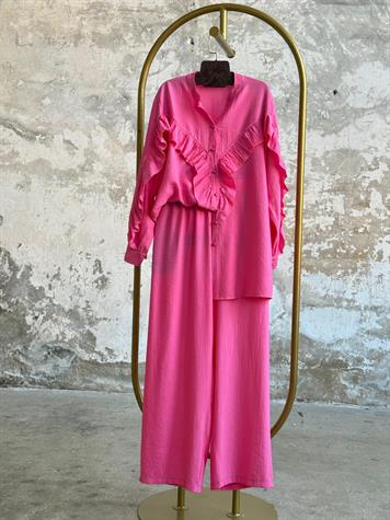 Fırfır Detaylı Gofre Kumaş Takım (Pembe)